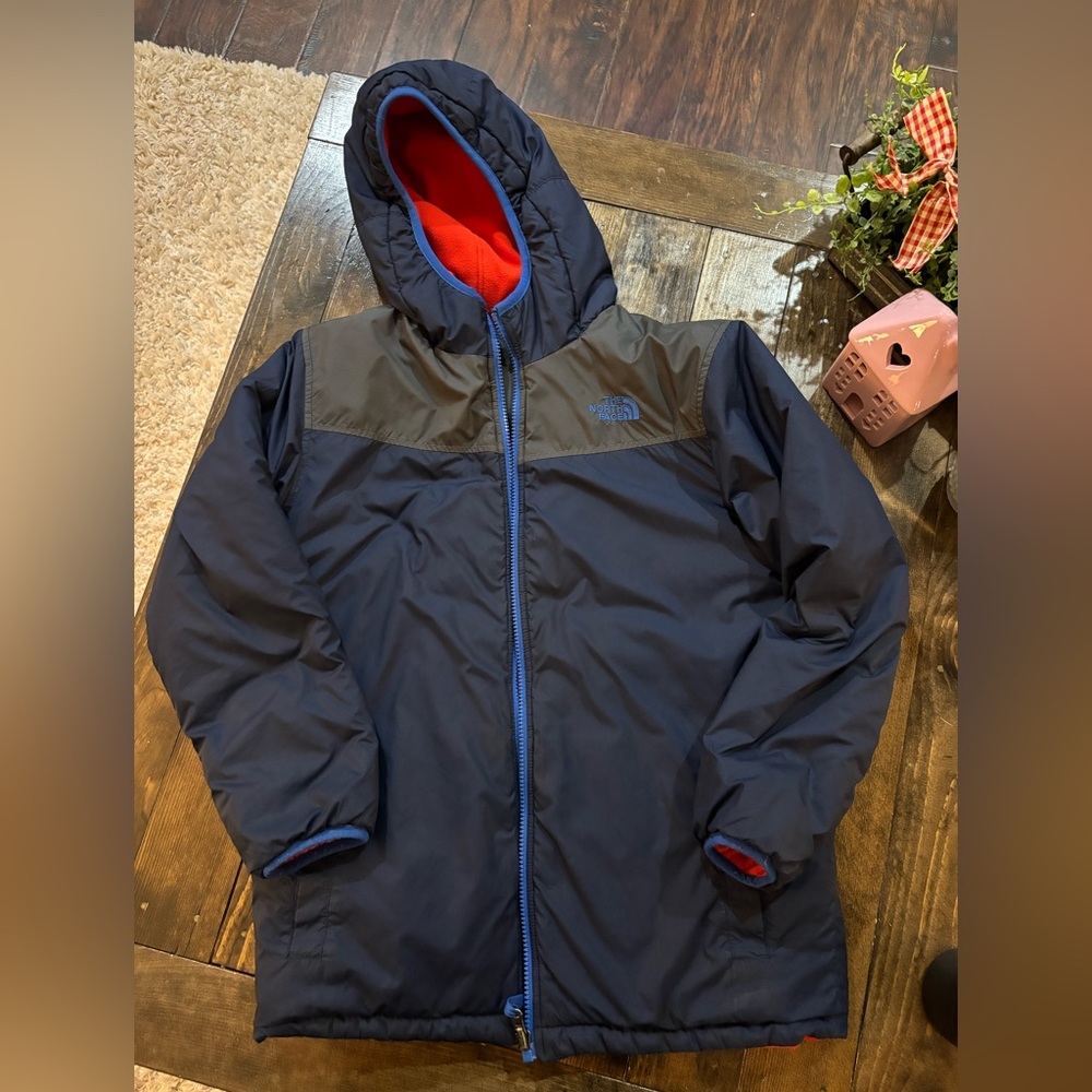 The North Face Navy and Red/Orange Hooded Reversible Coat